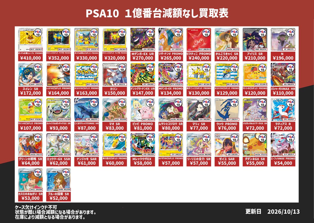 MIRACLE公式・2026年10月13日更新のPSA10 1億番台減額なし買取表